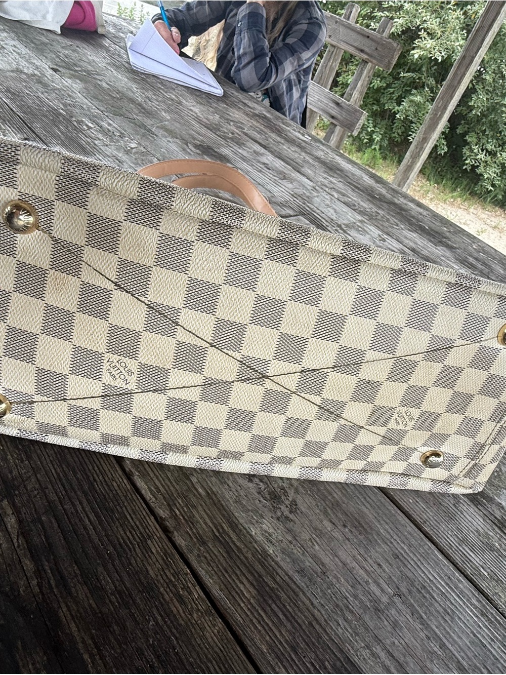 Designer-Style Cream checkered Shoulder Bag with Tan Trim and leather tassels - Picture 10 of 14